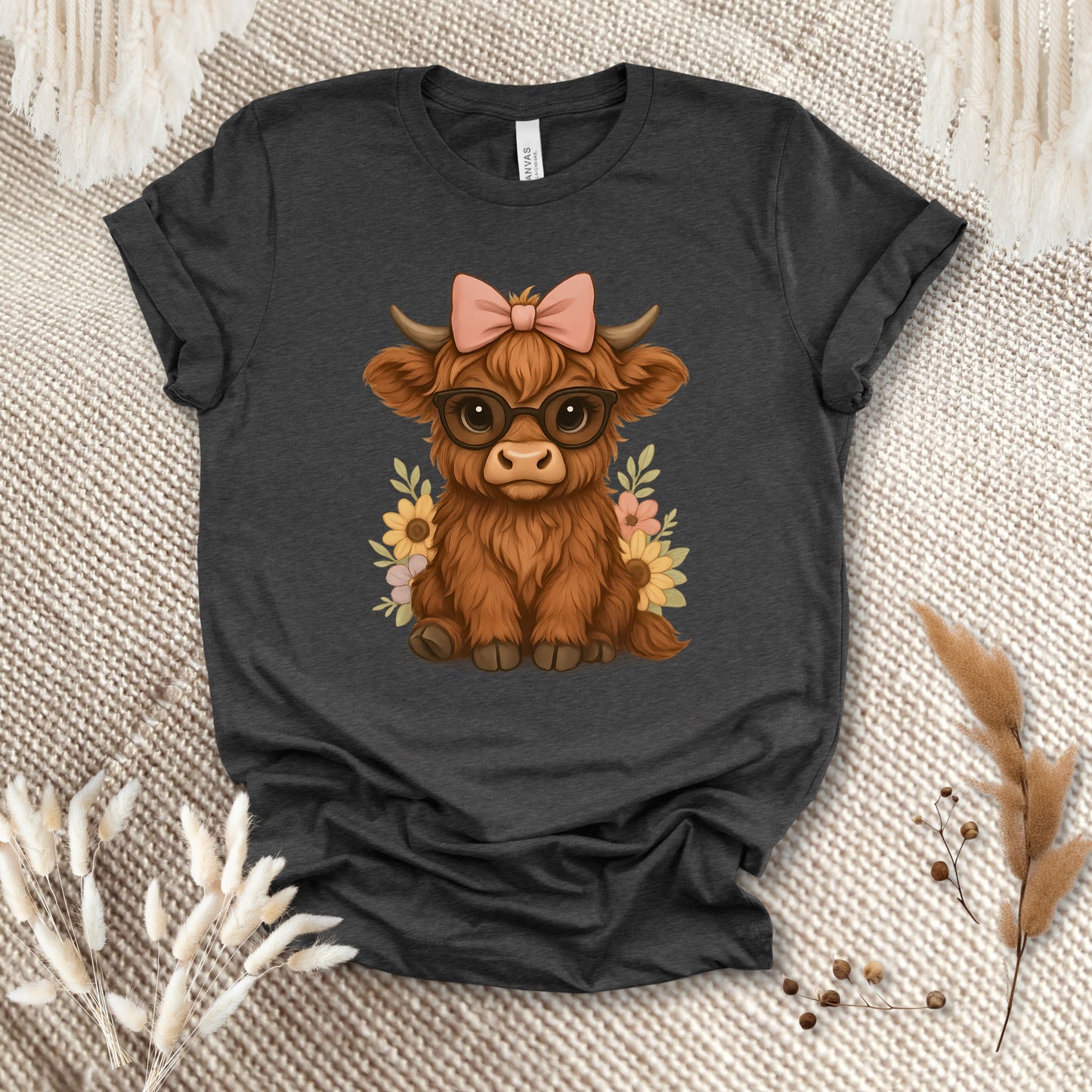 Cute Highland Cow T-Shirt – Floral Cow with Glasses Tee for Cow Lovers