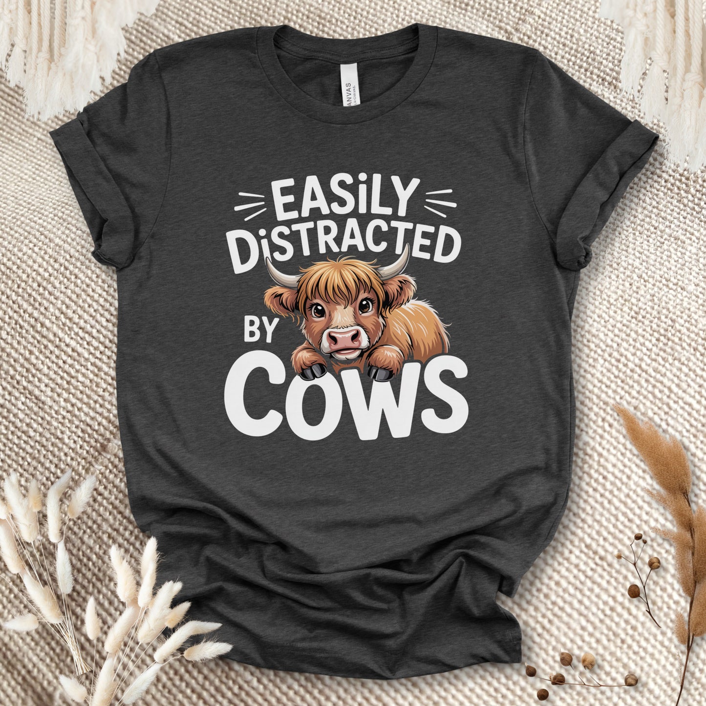 Easily Distracted by Cows T-Shirt – Funny Farm Animal Tee with Rustic Highland Cow Design