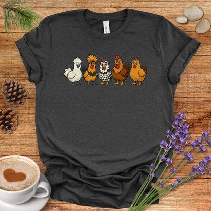 Chicken Breeds T-Shirt – Cartoon Silkie, Polish, Wyandotte, Brahma & Orpington Farm Animal Shirt for Chicken Lovers