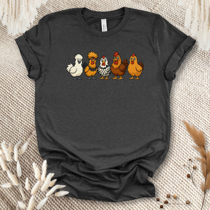 Chicken Breeds T-Shirt – Cartoon Silkie, Polish, Wyandotte, Brahma & Orpington Farm Animal Shirt for Chicken Lovers