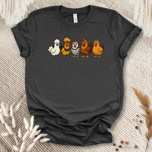 Chicken Breeds T-Shirt – Cartoon Silkie, Polish, Wyandotte, Brahma & Orpington Farm Animal Shirt for Chicken Lovers