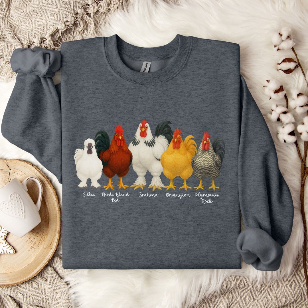 Rooster Lineup Sweatshirt – Silkie, Rhode Island Red, Brahma, Orpington & Plymouth Rock Pullover for Farm Animal Lovers