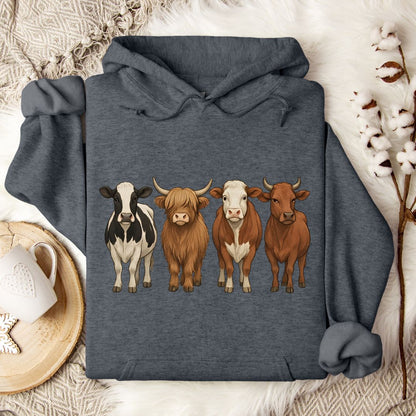 Cow Breed Hoodie – Highland, Holstein & Brown Cow Lineup Pullover for Ranchers & Cow Lovers