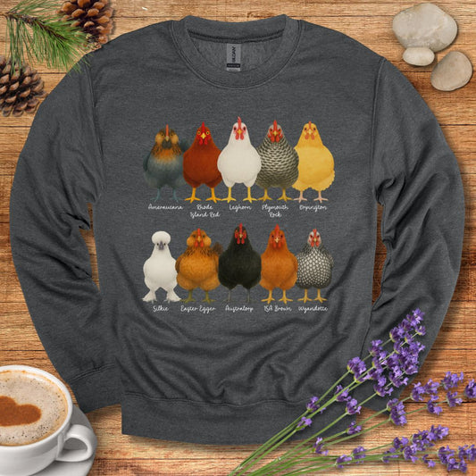 Chicken Breeds Sweatshirt – Farm Animal Pullover with Popular Hen & Rooster Varieties for Chicken Lovers
