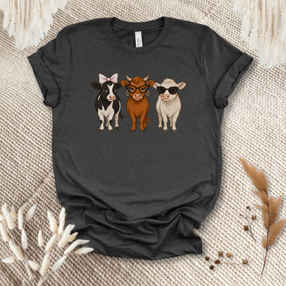 Trendy Cow Trio T-Shirt – Cute Stylish Cows with Bow & Sunglasses Farm Animal Tee