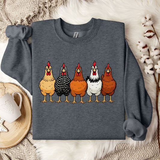 Hen Lineup Chicken Sweatshirt – Colorful Barnyard Pullover for Poultry Lovers & Farmhouse Living