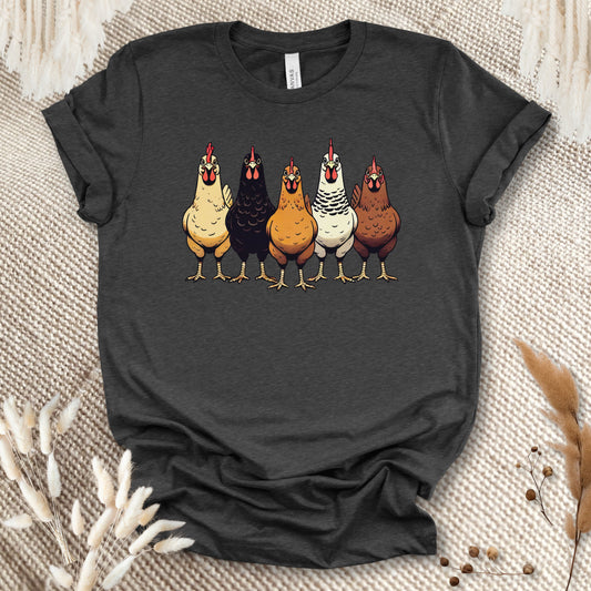 Funny Chicken Lover T-Shirt – Cute Hen Lineup Graphic Tee for Farm Moms, Backyard Flock Keepers & Country Life Fans