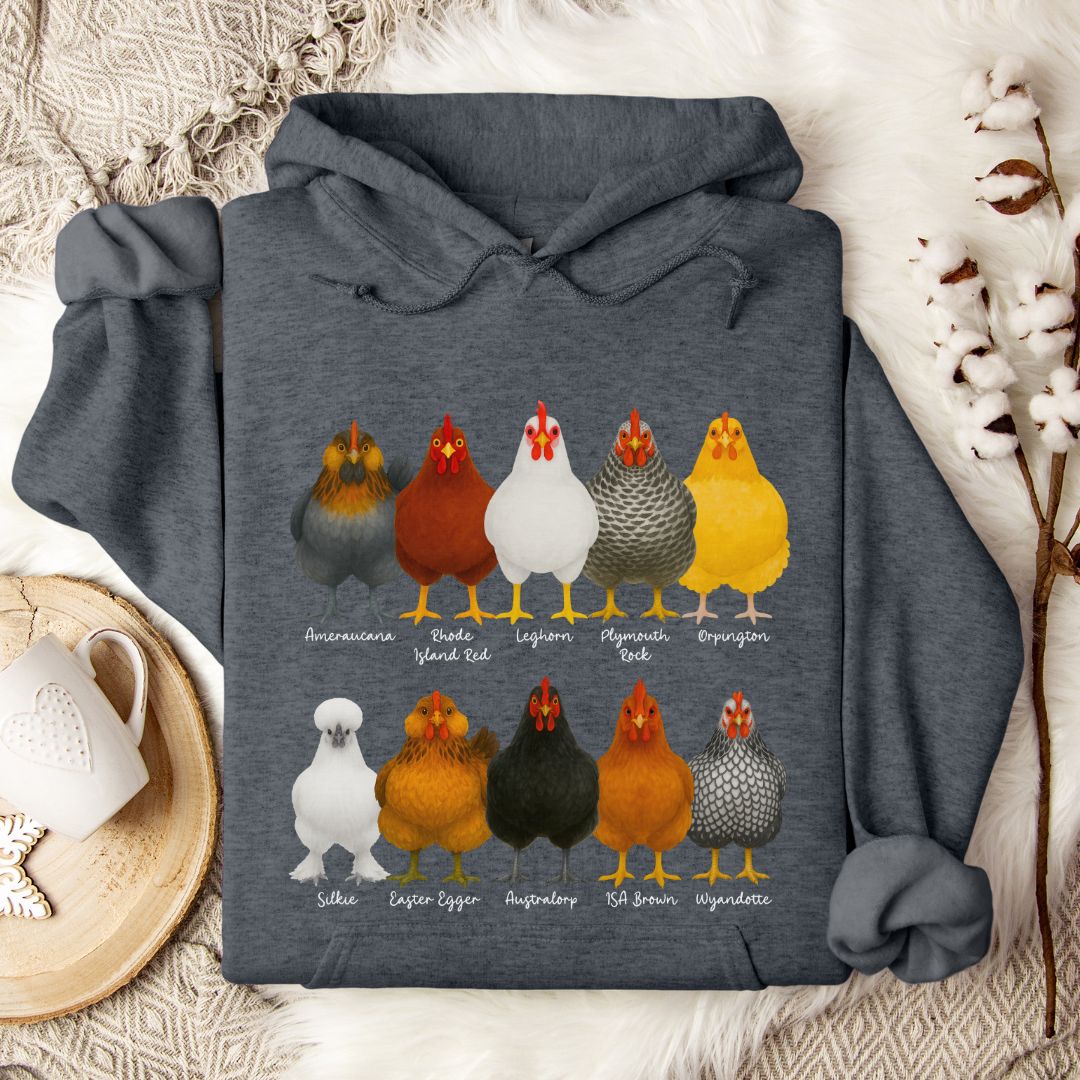 Chicken Breeds Hoodie – Cute Poultry Lover Gift for Chicken Keepers, Farmers & Backyard Flock Moms