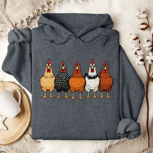 Farm Chickens Hoodie – Colorful Hen Lineup Cozy Unisex Hoodie for Poultry Lovers & Country Living Fans
