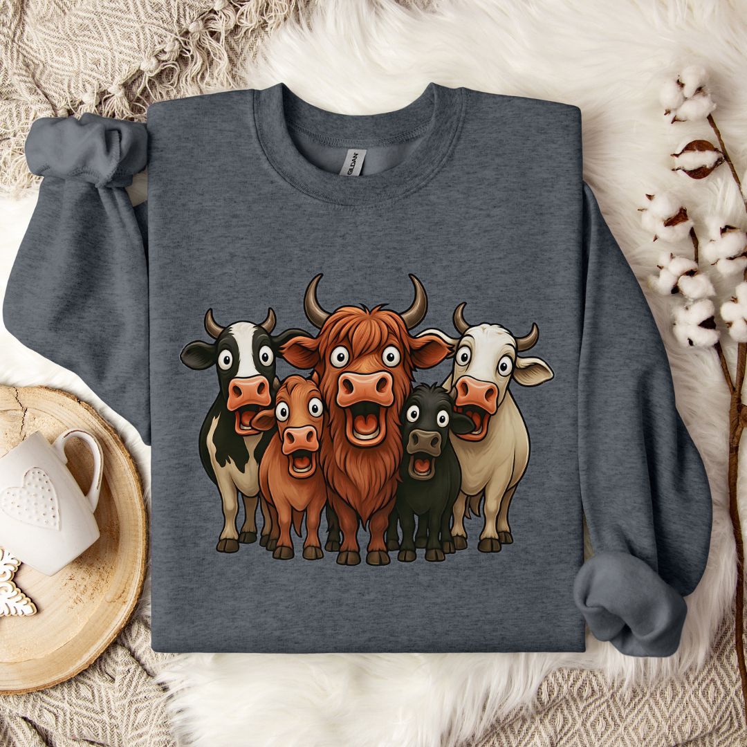 Funny Cow Lover Sweatshirt – Cute Cow Lineup Crewneck for Farm Life, Ranchers & Cow Moms