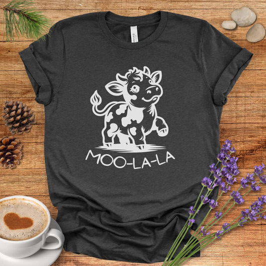 Cute Cow Cartoon T-Shirt – “Moo-La-La” Farm Animal Pun Tee for Rustic Country Living & Cow Lovers