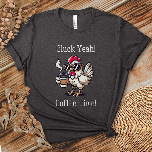 Cluck Yeah! Coffee Time Tee, Rooster with a Cuppa