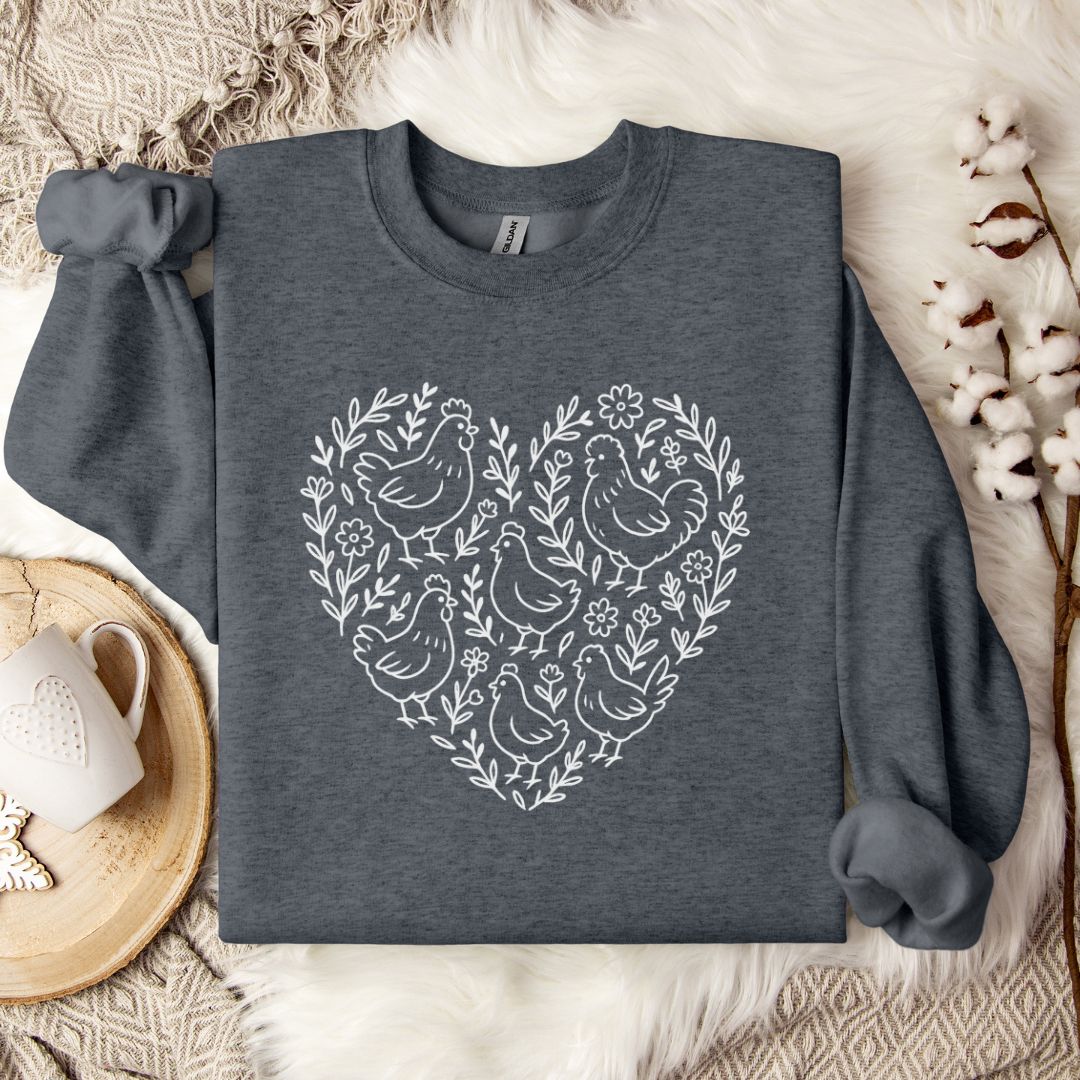 Farmhouse Chicken Sweatshirt – Floral Heart Pullover for Chicken Moms & Country Living Lovers