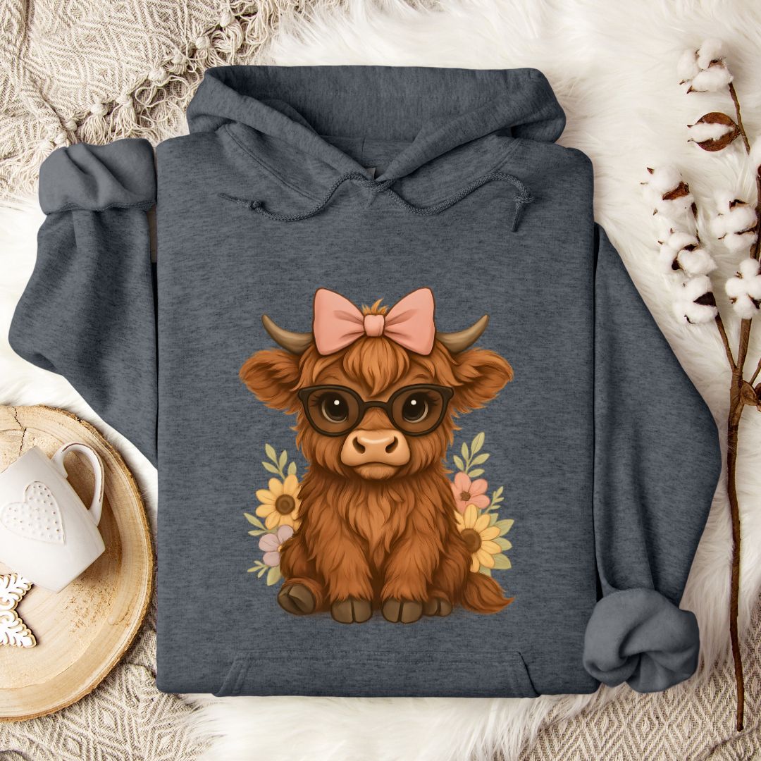Cute Highland Cow Hoodie – Floral Cow with Glasses & Bow Pullover for Cow Moms & Farm Girls