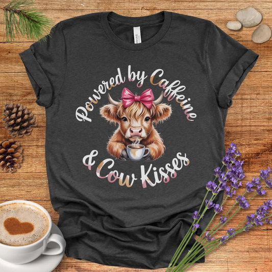 Funny Highland Cow Lover T-Shirt – Powered by Caffeine & Cow Kisses Tee for Cow Moms, Coffee Lovers & Country Life Fans