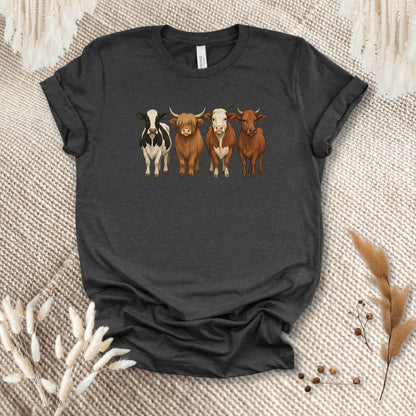 Cow Lover T-Shirt – Highland, Holstein & Brown Cow Lineup Tee for Ranchers & Farm Life Fans