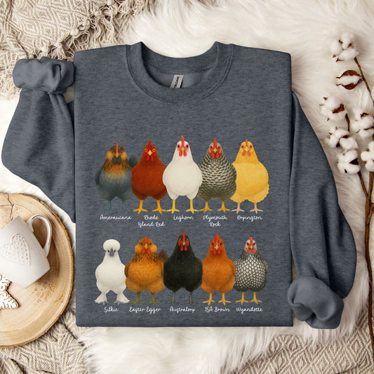 Chicken Breeds Sweatshirt – Farm Animal Pullover with Popular Hen & Rooster Varieties for Chicken Lovers