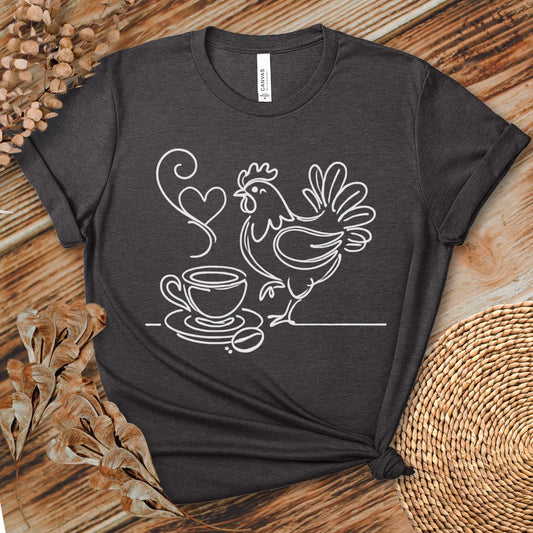 Minimalist Coffee & Chicken Line Art T-Shirt