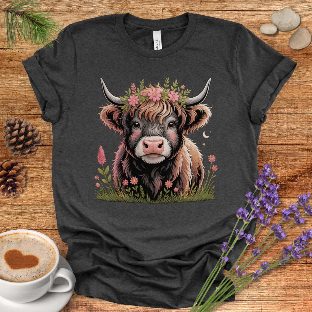 Floral Highland Cow T-Shirt – Boho Farmhouse Graphic Tee for Rustic Country Living & Cow Lovers