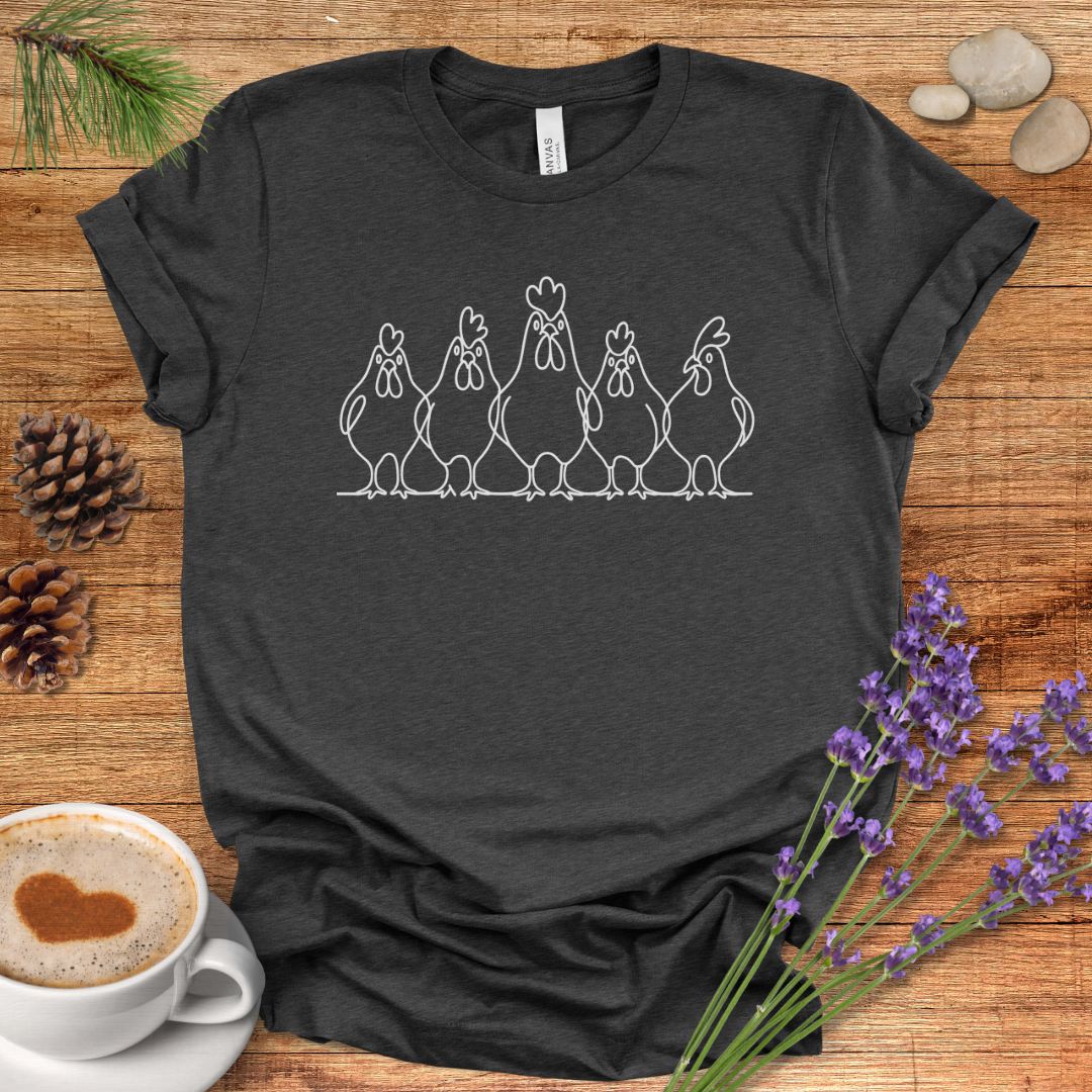 Minimalist Chicken T-Shirt – One Line Art Hen Lineup Farm Animal Shirt for Poultry Lovers & Farmhouse Style