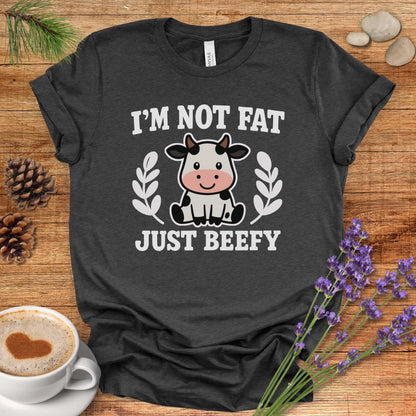Funny Cow Pun T-Shirt – “I’m Not Fat, Just Beefy” Cartoon Farm Animal Tee for Rustic Country Living