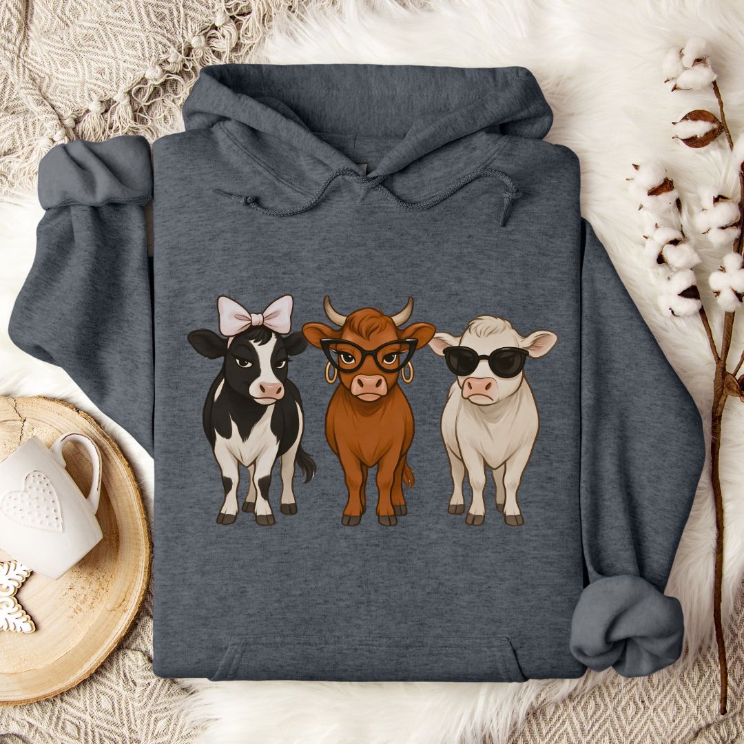 Trendy Cow Lover Hoodie – Cute Stylish Cow Trio Pullover with Bow, Glasses & Sunglasses