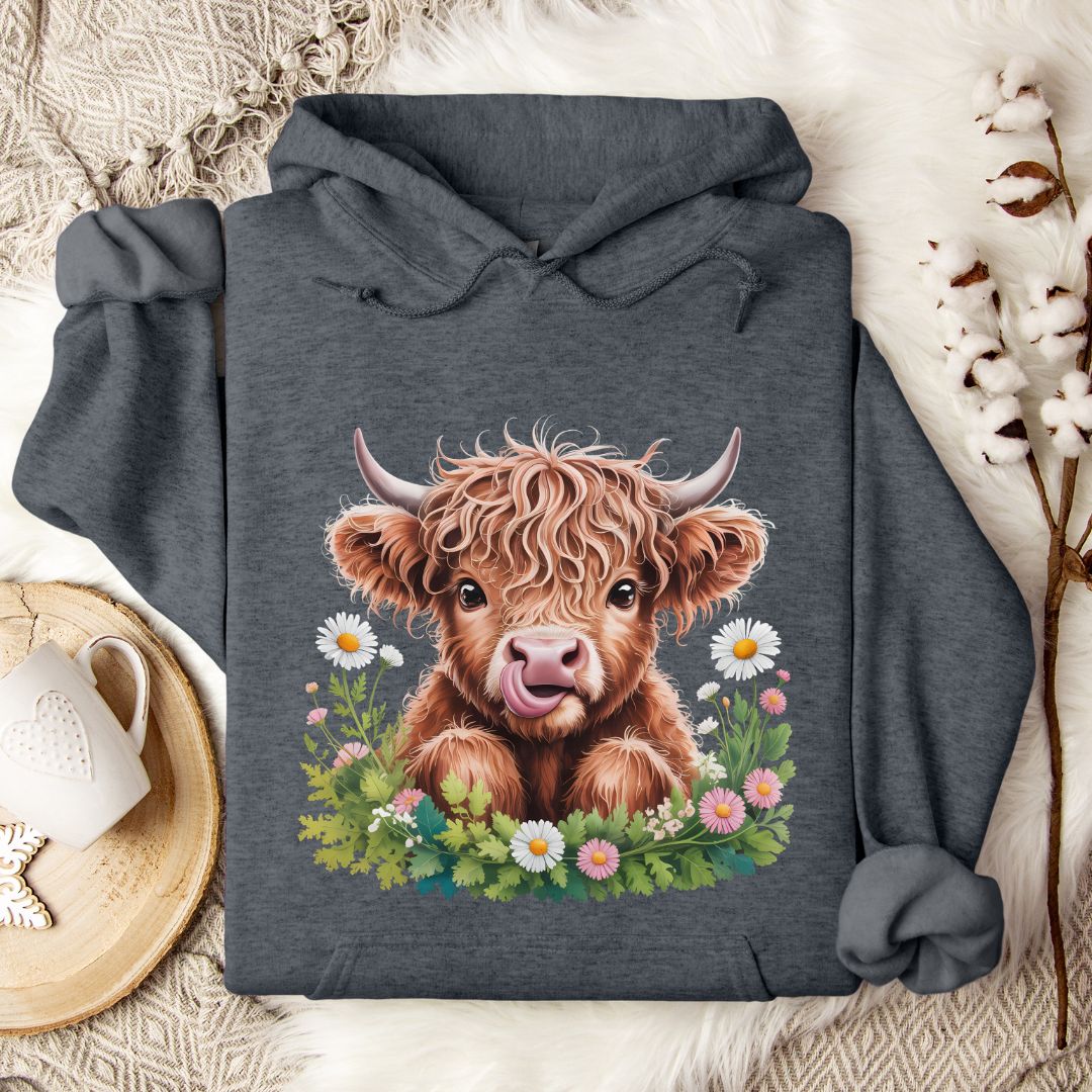Highland Cow Hoodie – Cute Tongue-Out Cow & Wildflower Pullover for Farm Girls & Cow Lovers