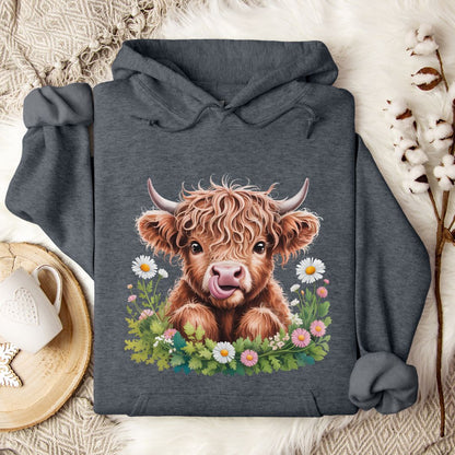 Highland Cow Hoodie – Cute Tongue-Out Cow & Wildflower Pullover for Farm Girls & Cow Lovers