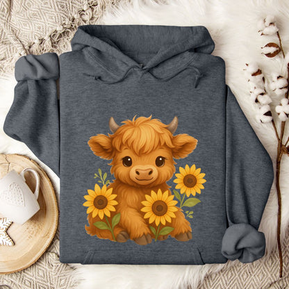 Cute Highland Cow Hoodie – Sunflower Cow Lover Pullover for Farm Girls & Country Style Fans