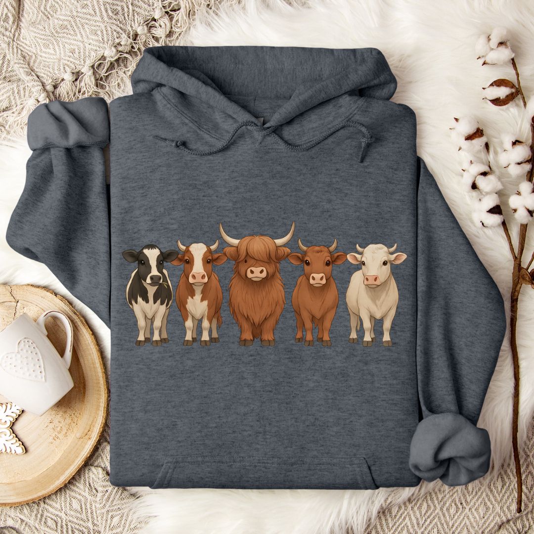Cow Lover Hoodie – Highland, Holstein & Brown Cow Lineup Pullover for Ranchers & Farm Life Fans