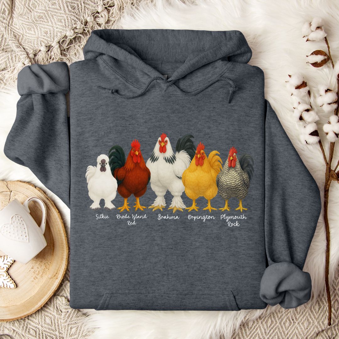 Rooster Breed Hoodie – Silkie, Rhode Island Red, Brahma & Orpington Chicken Lover Pullover