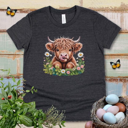 Cute Highland Cow Kids T-Shirt – Adorable Tongue-Out Cow & Wildflower Tee for Little Farm Animal Lovers