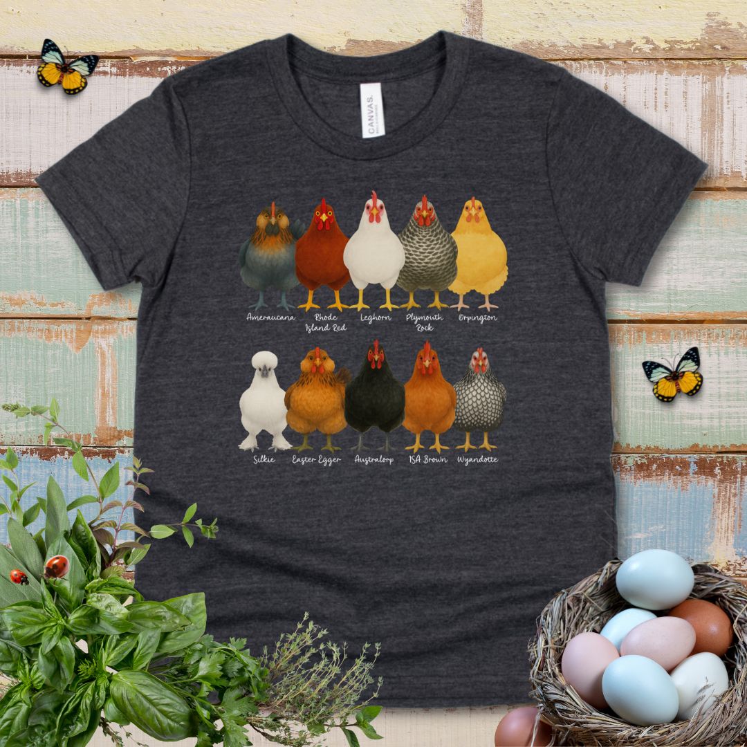Chicken Breeds Kids T-Shirt – Cute Farm Chickens Chart Youth Tee for Animal Lovers & Farm Kids