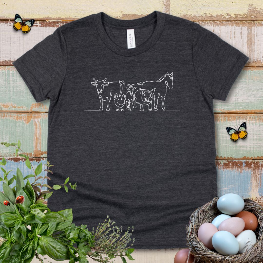 Cute Farm Animals Kids T-Shirt – One Line Art Cow, Chicken, Goat, Pig & Horse Youth Tee