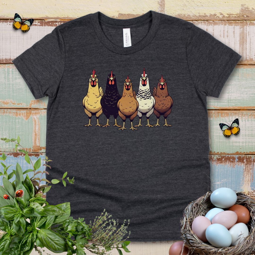 Cute Chicken Lover Kids T-Shirt – Farm Chickens Lineup Youth Tee for Boys & Girls
