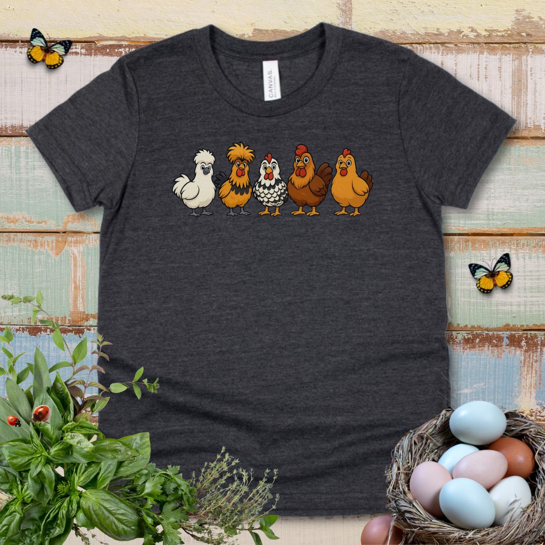 Cute Cartoon Chickens Kids T-Shirt – Farm Chicken Lineup Youth Tee for Animal-Loving Boys & Girls