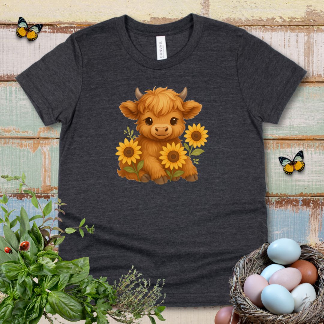 Cute Highland Cow Kids T-Shirt – Sunflower Cow Tee for Little Farm Animal Lovers