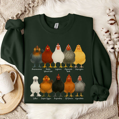 Chicken Breeds Sweatshirt – Farm Animal Pullover with Popular Hen & Rooster Varieties for Chicken Lovers