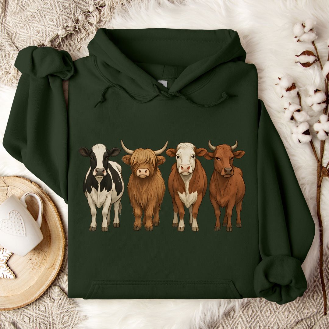 Cow Breed Hoodie – Highland, Holstein & Brown Cow Lineup Pullover for Ranchers & Cow Lovers