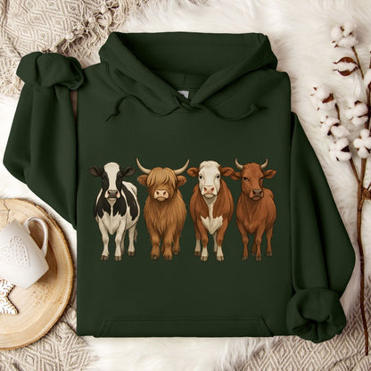 Cow Breed Hoodie – Highland, Holstein & Brown Cow Lineup Pullover for Ranchers & Cow Lovers