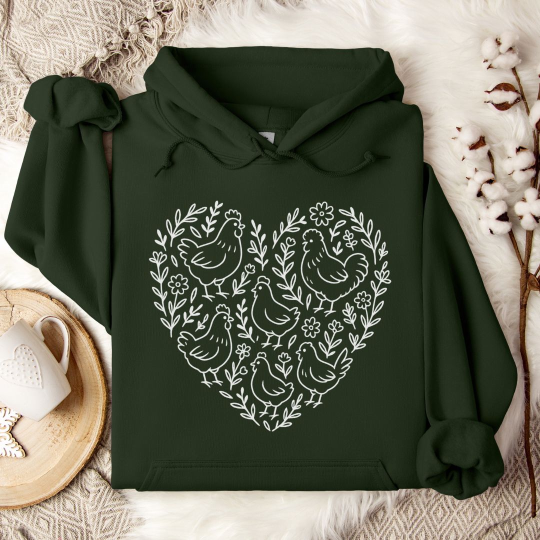 Chicken Lover Hoodie – Cute Heart Floral Chicken Flock Design for Chicken Moms & Backyard Poultry Fans