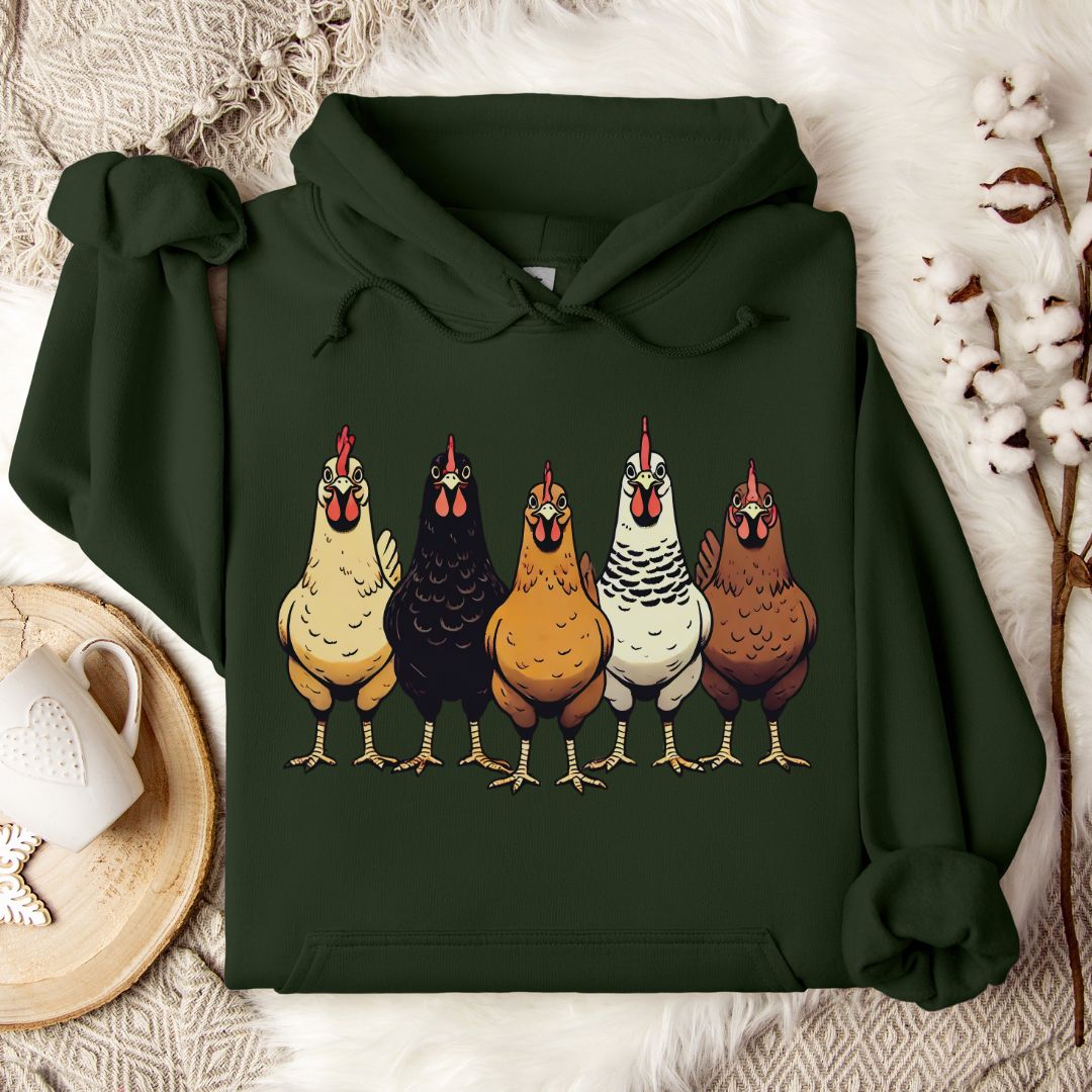 Chicken Lover Hoodie – Cute Farm Chickens Lineup Unisex Cozy Hoodie for Country Life Fans & Backyard Chicken Keepers