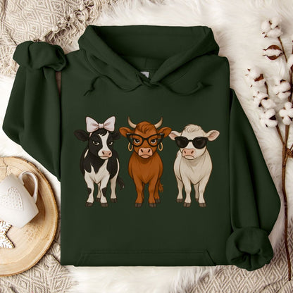 Trendy Cow Lover Hoodie – Cute Stylish Cow Trio Pullover with Bow, Glasses & Sunglasses