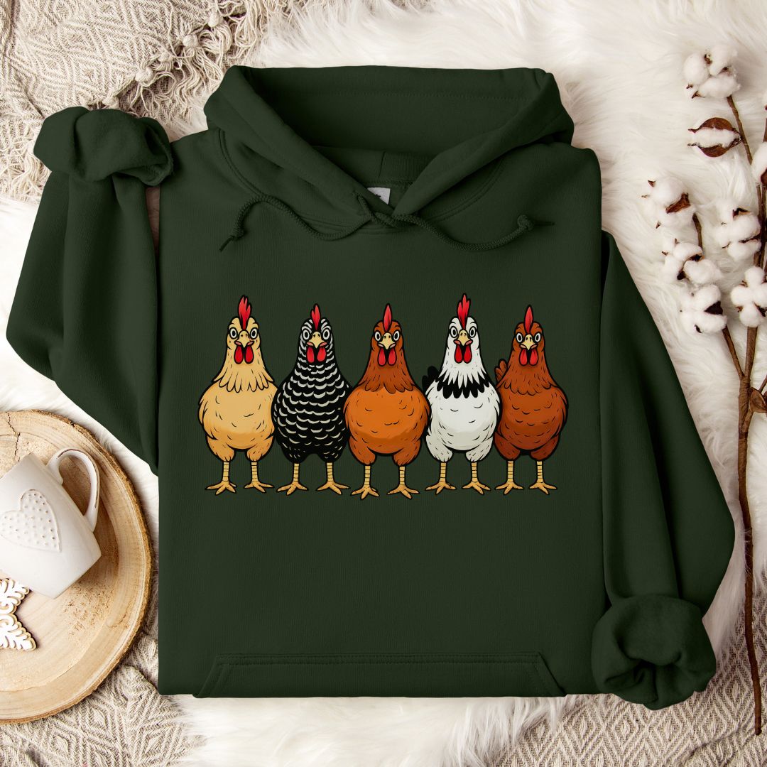 Farm Chickens Hoodie – Colorful Hen Lineup Cozy Unisex Hoodie for Poultry Lovers & Country Living Fans