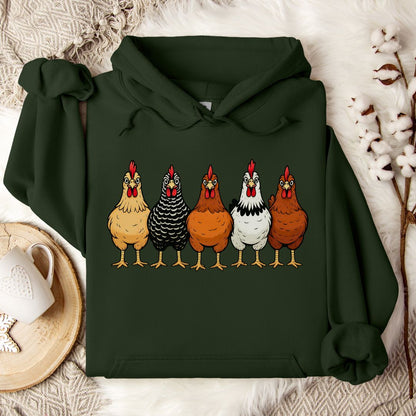 Farm Chickens Hoodie – Colorful Hen Lineup Cozy Unisex Hoodie for Poultry Lovers & Country Living Fans