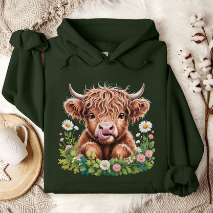 Highland Cow Hoodie – Cute Tongue-Out Cow & Wildflower Pullover for Farm Girls & Cow Lovers