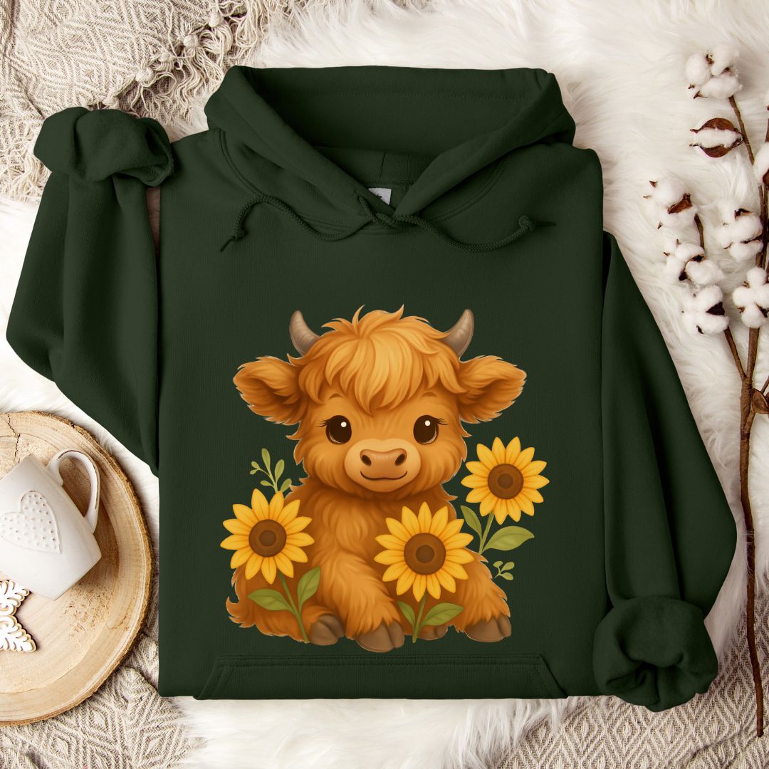 Cute Highland Cow Hoodie – Sunflower Cow Lover Pullover for Farm Girls & Country Style Fans