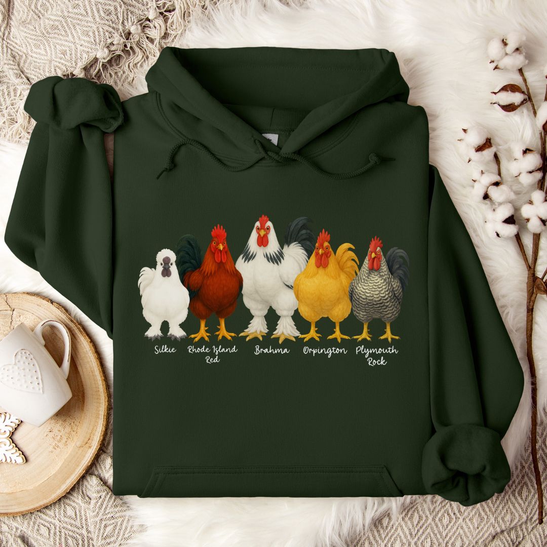 Rooster Breed Hoodie – Silkie, Rhode Island Red, Brahma & Orpington Chicken Lover Pullover