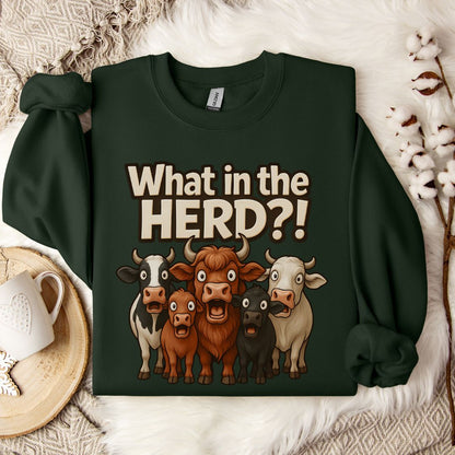 Funny Cow Sweatshirt – What in the Herd?! Farm Humor Crewneck for Cow Lovers & Country Life Fans
