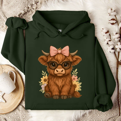 Cute Highland Cow Hoodie – Floral Cow with Glasses & Bow Pullover for Cow Moms & Farm Girls